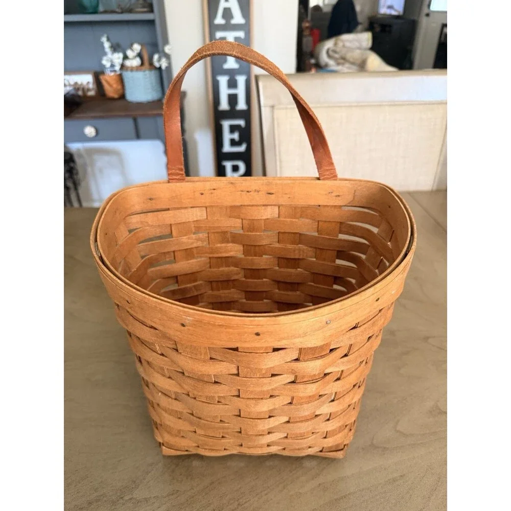 Vintage Handwoven Hanging Basket By -9th century Leather Handle 9” H